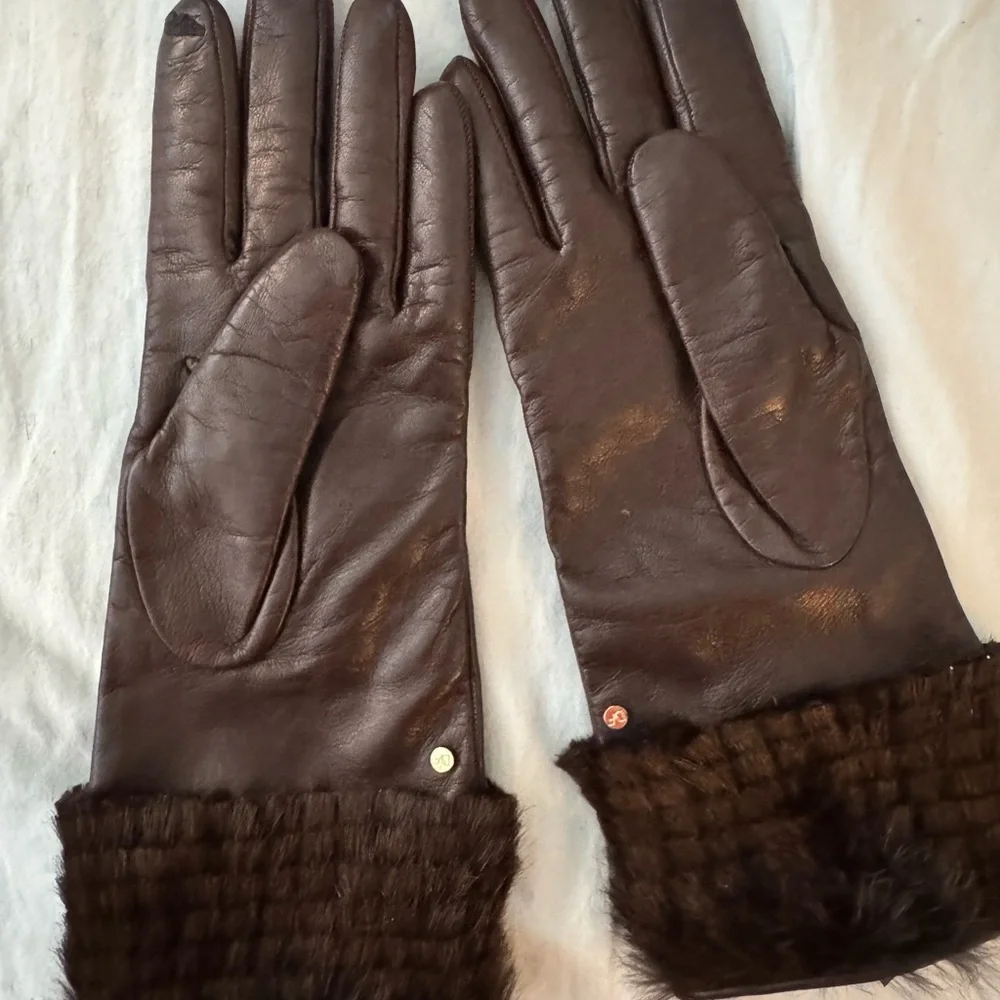 Diane von Furstenberg Elegant Brown Leather Gloves with Fur Trim Size 7